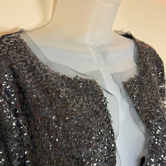 J. Crew Womens Black Sequin Cardigan Sheer Hem Puma Cotton Modal Glam Medium - Picture 2 of 7